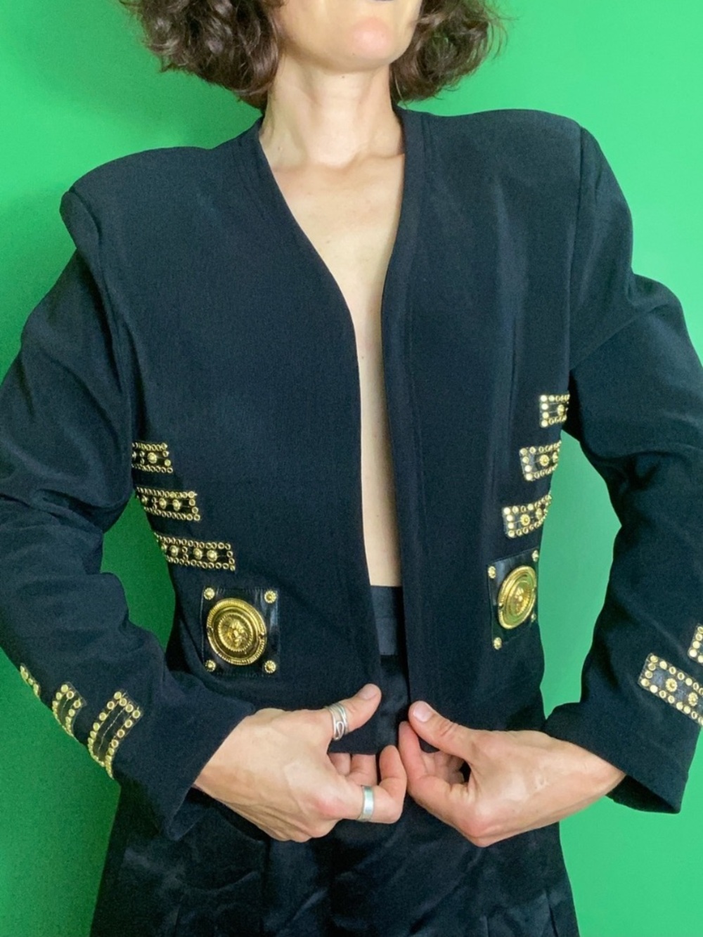 Vintage 90s Cache Black leather gold hardware lion head Embellished Jacket